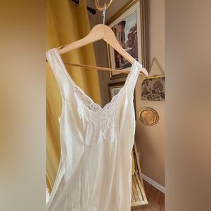 Vintage Deep V Cream Midi Lace Evening Slip / Night Dress in Size Small